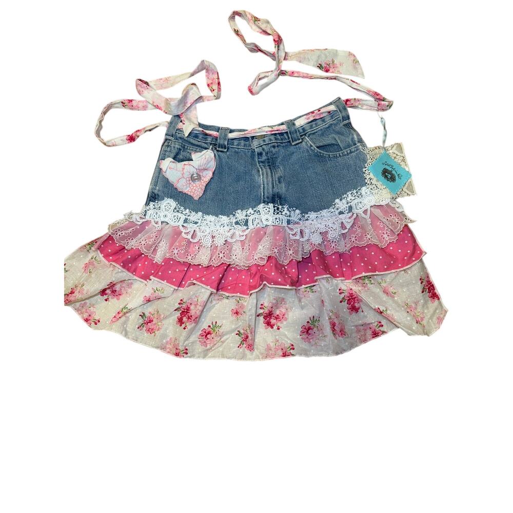 Sweet Robin’s Nest Pink Floral Cottagecore Ruffle Apron Handmade Shabby Chic